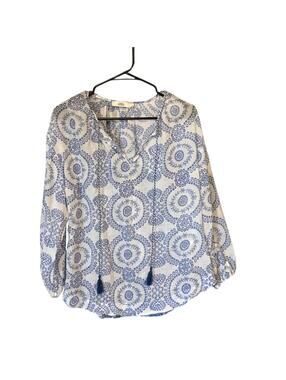 0039 Italy Peasant Blouse Women’s S Blue White Cotton Tassel Boho Top